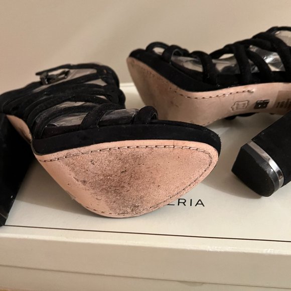 BCBG MaxAzria Jeb Black Genuine Suede Leather Cage Block Heel Sandals - Picture 2 of 5